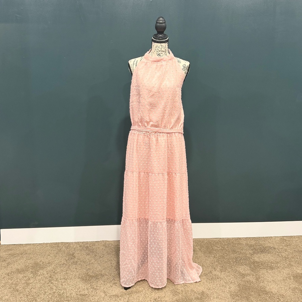 PRETTYGARDEN NWT Pink Swiss Dot Halter Maxi Dress Tiered Boho Wedding Guest XL - Picture 4 of 6